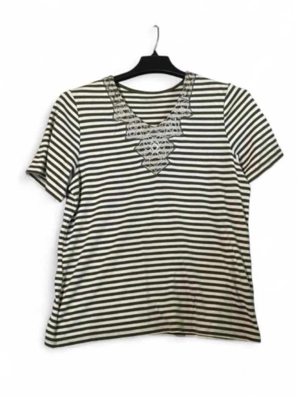 Allison Daley Olive and White Striped Short-Sleeve Tee with Lace V Detail